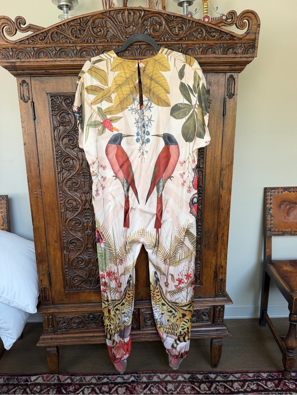 Botanical Bird-Print Jumpsuit in Cream and Red